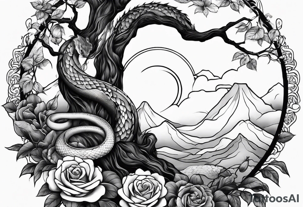 Tree yin and yang with roses and a snake tattoo idea