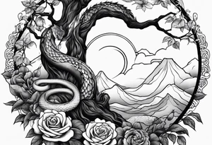 Tree yin and yang with roses and a snake tattoo idea