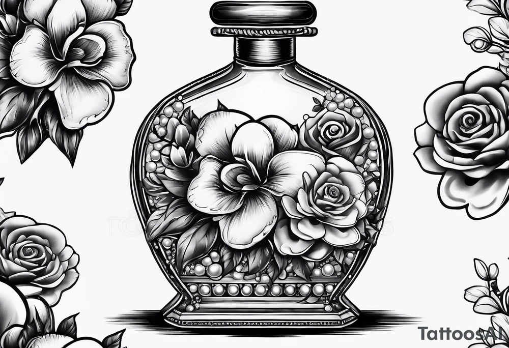Pearl necklace wrapped around 1950s perfume bottle with flowers and bows surrounding tattoo idea