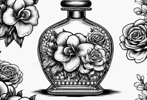 Pearl necklace wrapped around 1950s perfume bottle with flowers and bows surrounding tattoo idea