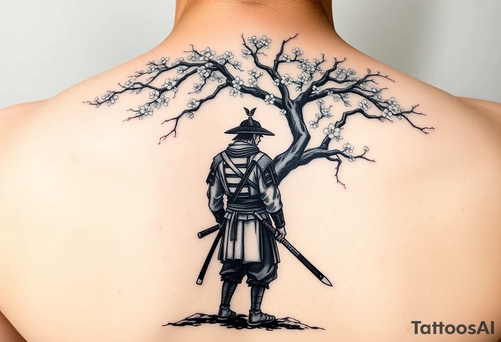 Ronin samurai standing under cherry blossom tree tattoo idea