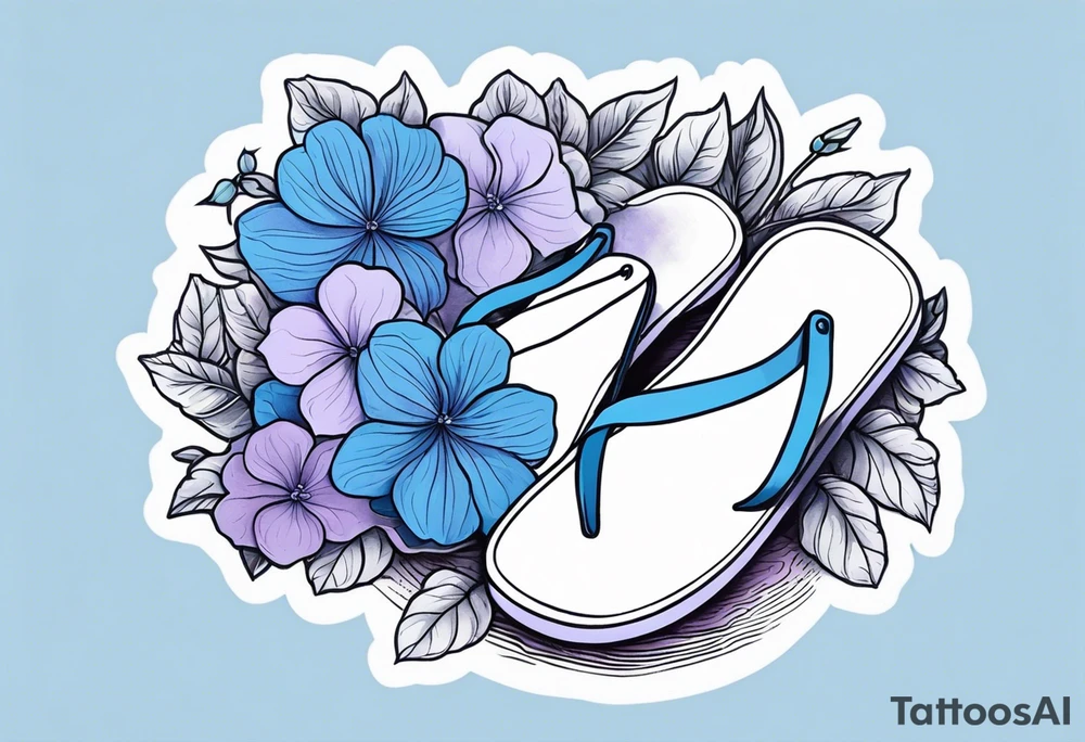 small tattoo of a pastel blue flip flop surrounded by blue and lavender hydrangea flowers tattoo idea