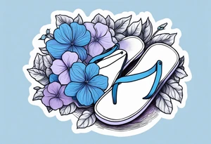 small tattoo of a pastel blue flip flop surrounded by blue and lavender hydrangea flowers tattoo idea