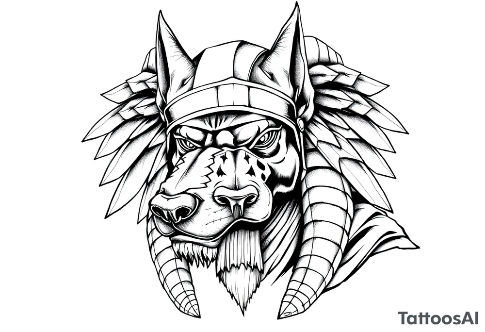 powerful majestic muscle anubis Egyptian god face mix with dog
without eyes with mantle on head tattoo idea