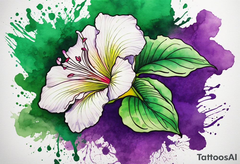 An outline of an only green rio dipladenia flower and a green and purple watercolor splash in the background tattoo idea