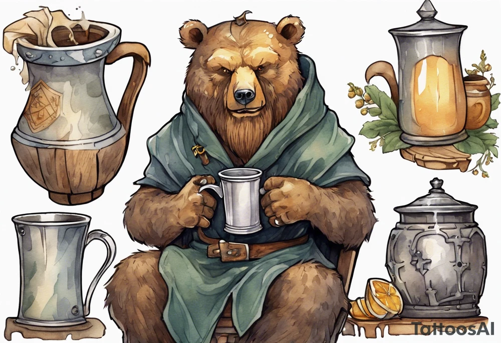 a medieval bear-human hybrid with a long beard wearing a tunic and coif and drinking from a pewter mug in a tavern, sitting in a chair, smiling tattoo idea