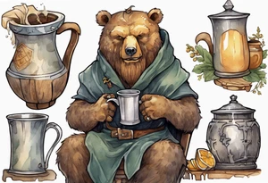 a medieval bear-human hybrid with a long beard wearing a tunic and coif and drinking from a pewter mug in a tavern, sitting in a chair, smiling tattoo idea