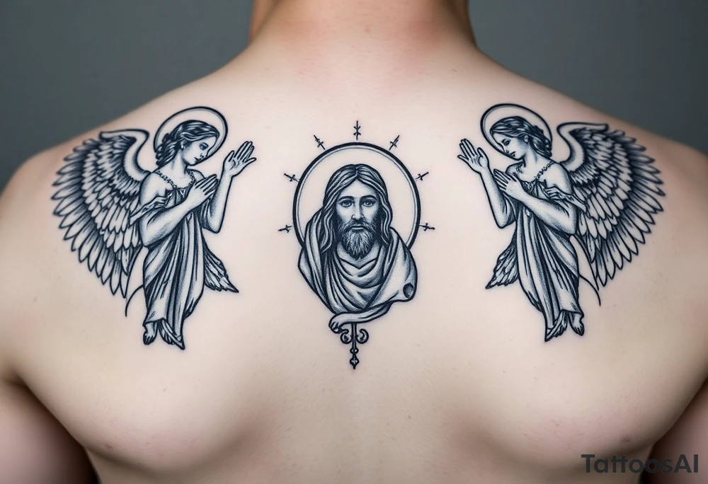 russian orthodox symmetrical guardian angel icon on left and right side of back with both angels holding up a jesus potrait tattoo idea