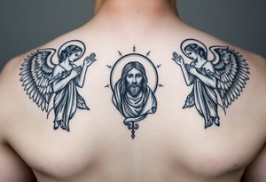 russian orthodox symmetrical guardian angel icon on left and right side of back with both angels holding up a jesus potrait tattoo idea