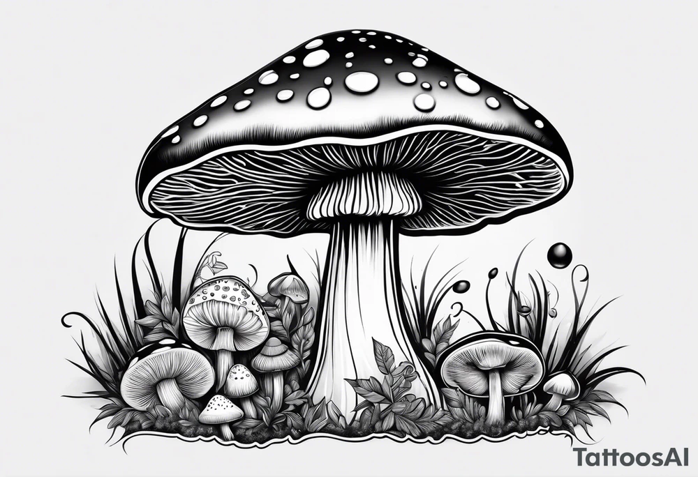 Large Shaggy cap mushroom dripping ink off cap with 4 smaller mushrooms around it mandala henna black tattoo design tattoo idea