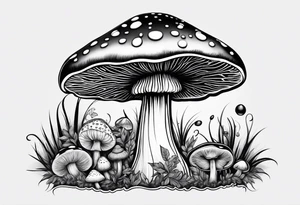 Large Shaggy cap mushroom dripping ink off cap with 4 smaller mushrooms around it mandala henna black tattoo design tattoo idea
