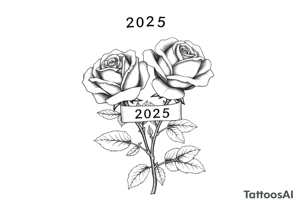 two beautiful large rose buds, one larger than the other, with many leaves and their stems intertwined, with one sitting higher than the other. Include a banner connecting the two roses with "2025" on it.  The word "Rose" written in Kanji above the drawing.  Use dark outlines with little shading. The two stems should connect and join into one stem, whimsically curved or twisted - not straight down. tattoo idea