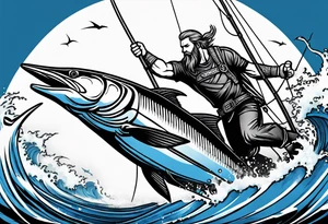 viking superhero catching a blue marlin with tuna jumping tattoo idea