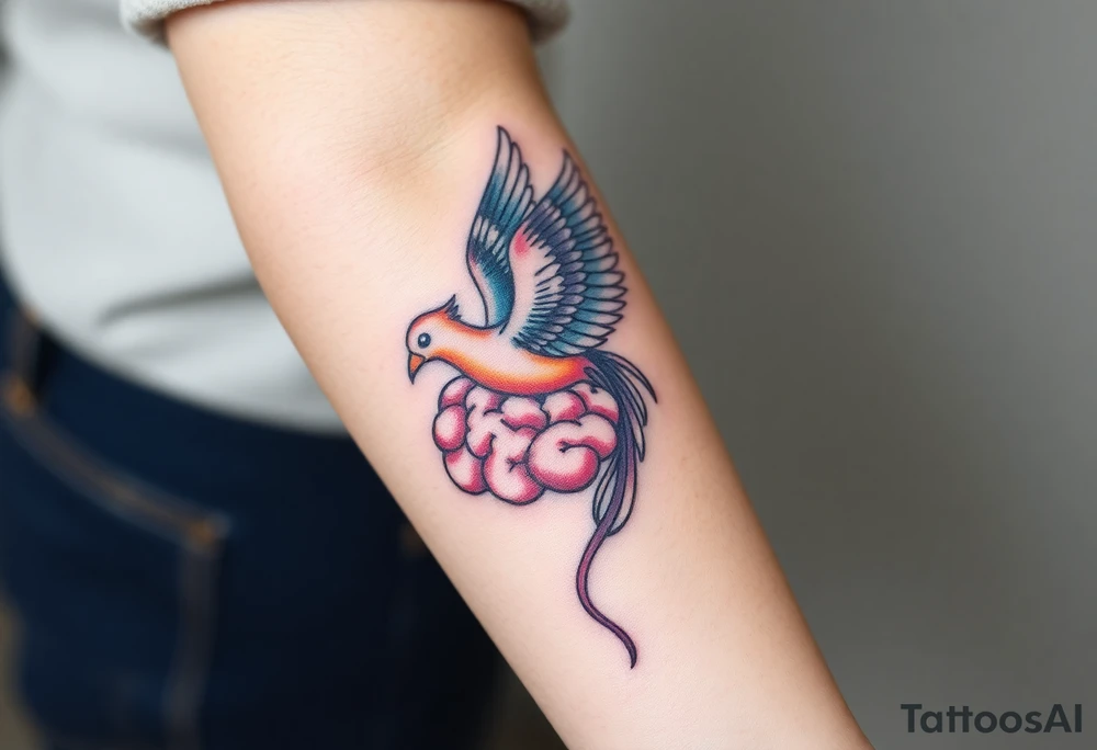 A phoenix flying out of a brain colorful tattoo idea