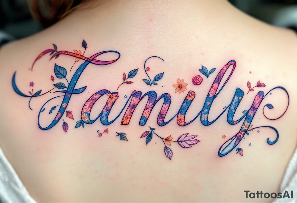 Family spelled out in cursive, with each letter blooming into a different flower in subtle pastel hues. tattoo idea