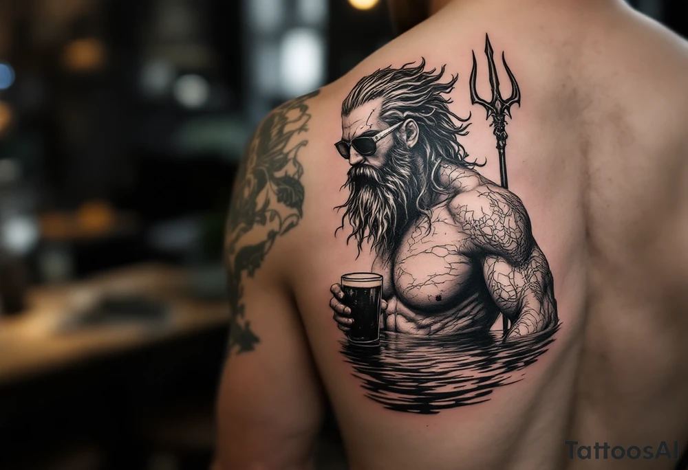 poseidon with trident half way in calm water with a beer and sunglasses tattoo idea