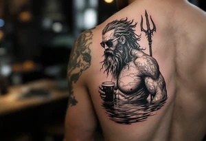 poseidon with trident half way in calm water with a beer and sunglasses tattoo idea