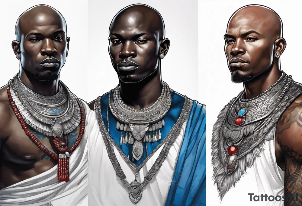 Black-skinned bald african warrior. He wears a simple and small silver crown. He uses two simple necklaces: one blue, other red. tattoo idea