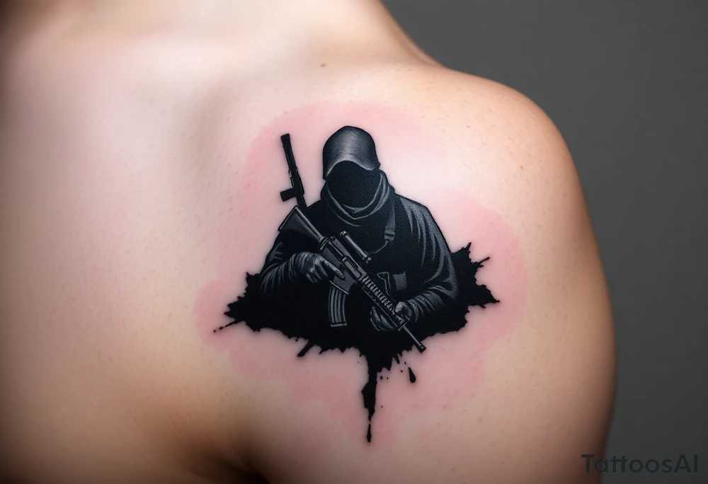 Minimalist covert operative symbolism representing loyalty and survival, faceless soldier silhouette emerging from darkness, torn fabric, subtle scars, controlled posture, black and grey realism, emotional restraint, understated strength, tattoo sleeve element. tattoo idea