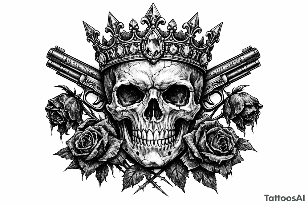 Close-up gothic skull with jeweled crown, pistols, and wilting dark red roses. tattoo idea