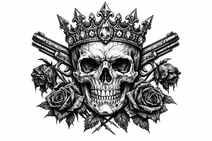 Close-up gothic skull with jeweled crown, pistols, and wilting dark red roses. tattoo idea
