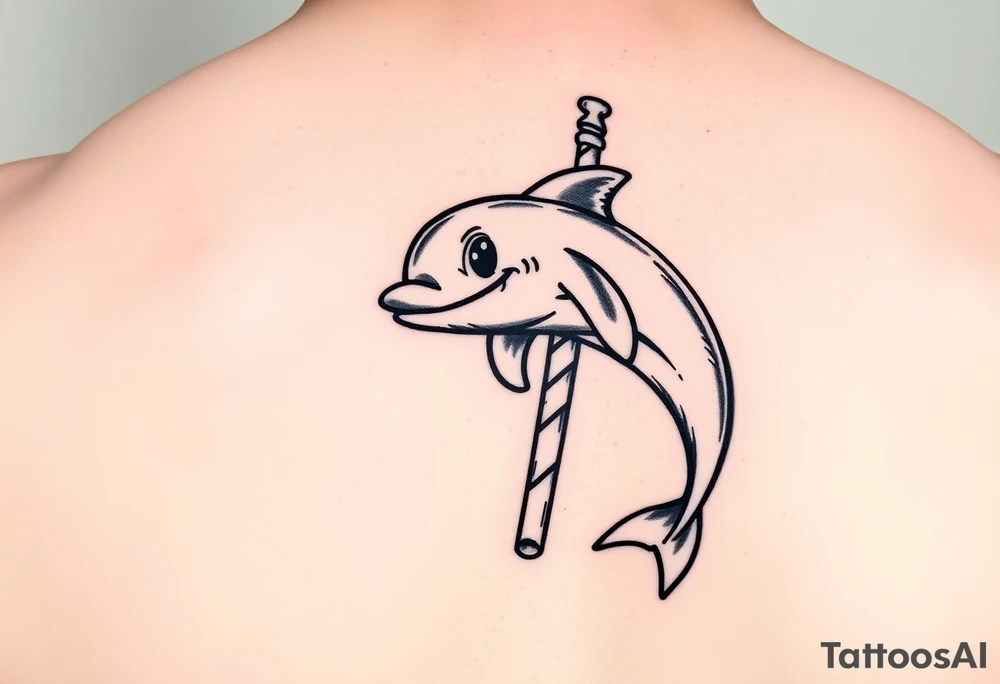 Cartoon dolphin on a stripper pole with a mischievous face tattoo idea