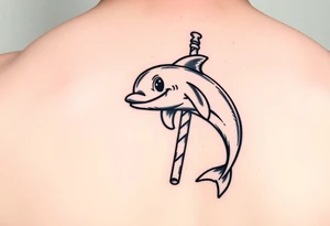 Cartoon dolphin on a stripper pole with a mischievous face tattoo idea