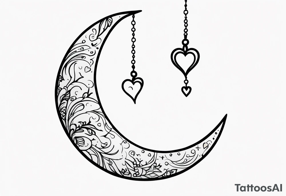 Crescent moon with hearts dangling from the bottom of it tattoo idea