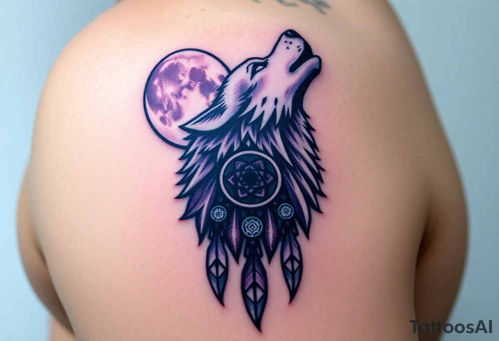 A full moon behind a wolf howling at the night sky, with dreamcatcher threads hanging below, colored in deep purples and silvery whites tattoo idea