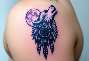 A full moon behind a wolf howling at the night sky, with dreamcatcher threads hanging below, colored in deep purples and silvery whites tattoo idea