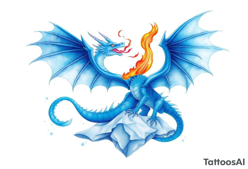 Blue fire breathing dragon with wings spread flying over ice tattoo idea