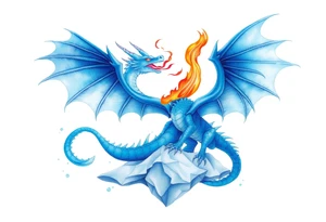 Blue fire breathing dragon with wings spread flying over ice tattoo idea