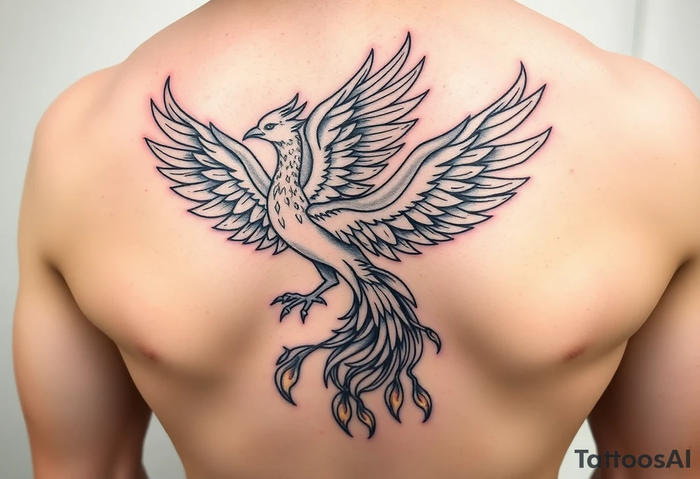 magnificent phoenix rising from golden flames with trailing embers tattoo idea