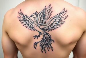 magnificent phoenix rising from golden flames with trailing embers tattoo idea