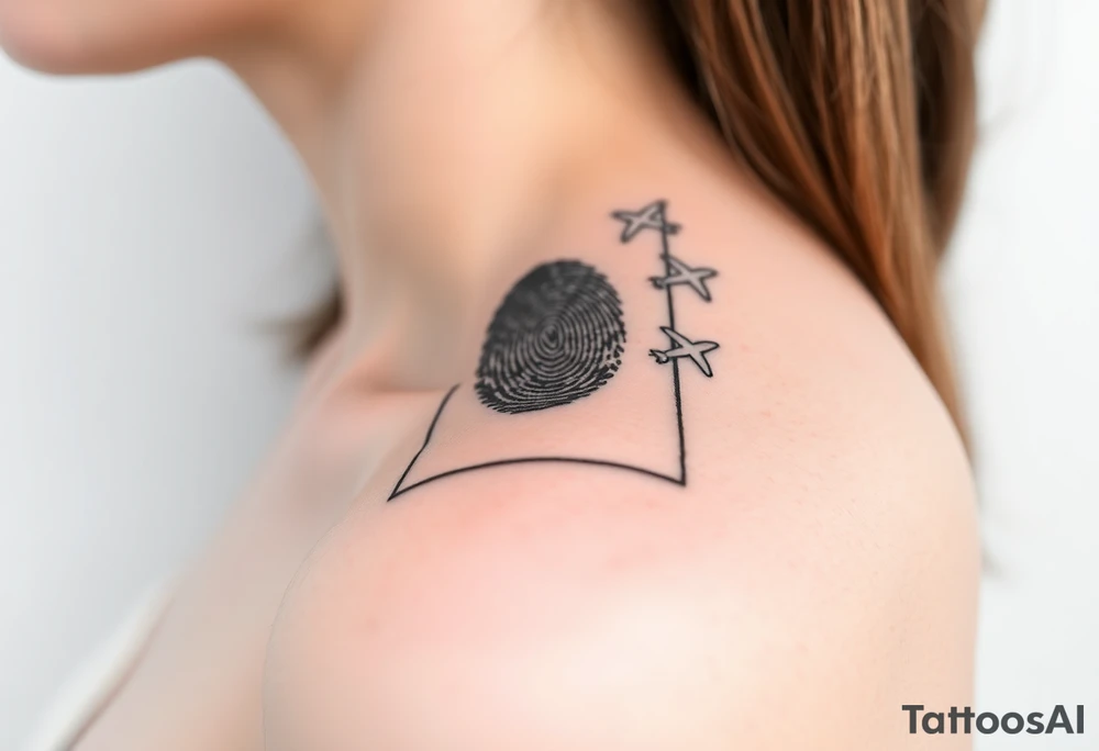 A rectangular or oval frame enclosing the fingerprint. Small planes fly out as if escaping or being released from the frame’s corner.

Signature: Etched into the bottom of the frame like an engraving. tattoo idea