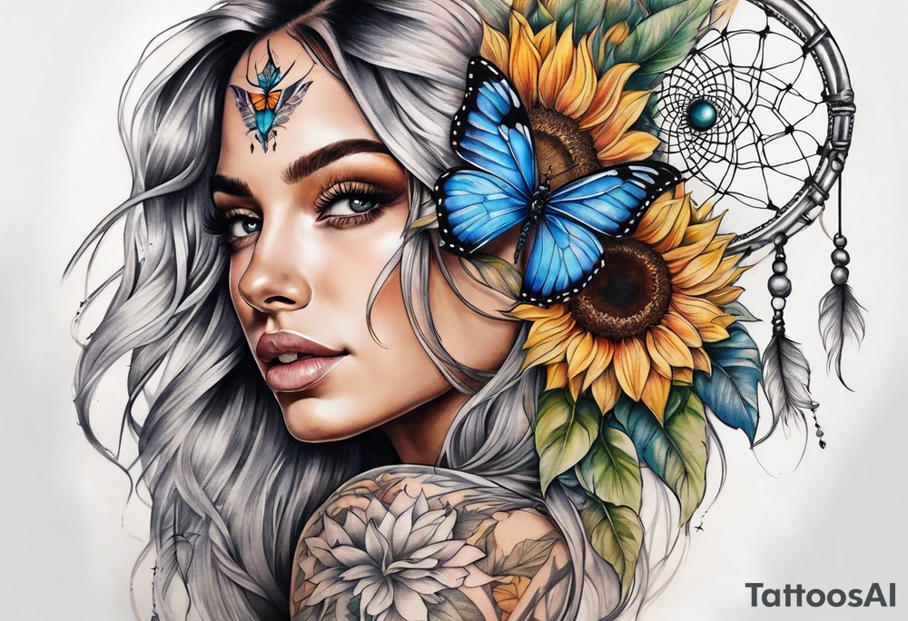 arm sleeve with dreamcatcher, rainbow sunflowers and one butterfly tattoo idea