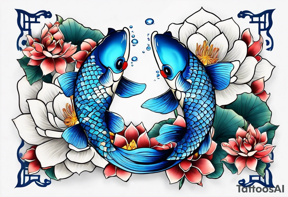 Two Blue Koi swimming between and lotus flowers tattoo idea