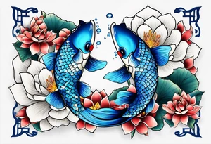 Two Blue Koi swimming between and lotus flowers tattoo idea