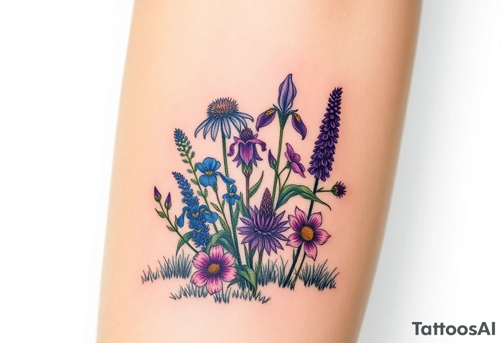 a bunch of cutleaf coneflower, blue flag iris, bee balm, obedient plant, purple coneflower on a hill with grass with wildlife tattoo idea