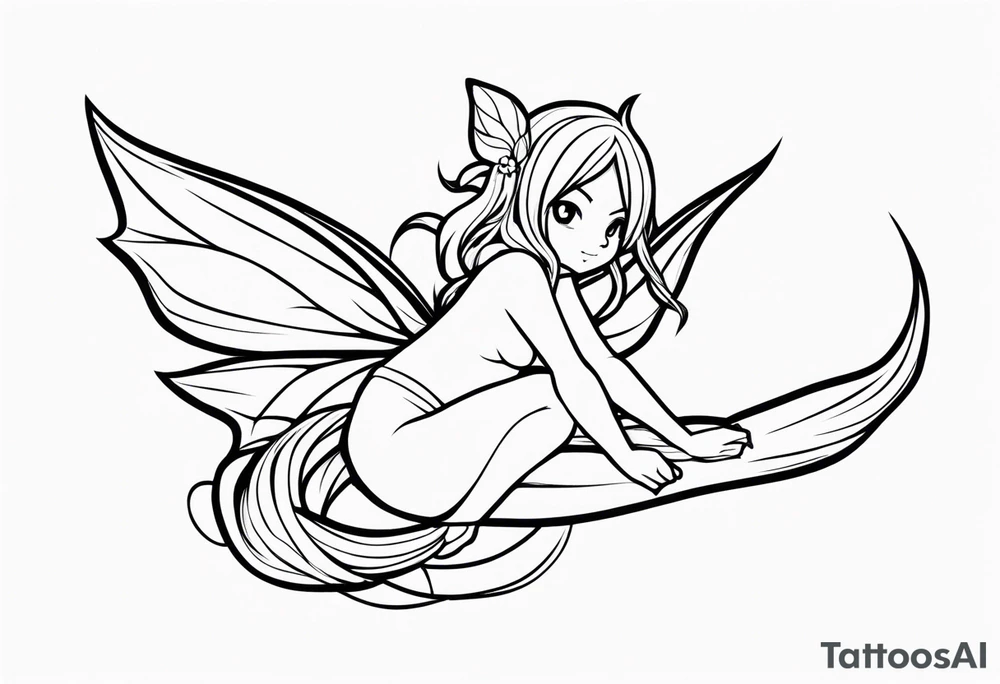 No color fairy with a tail inspired by the logo of the anime show called Fairy Tail in a fetal position leaning in and forward while in the air floating and sleeping tattoo idea