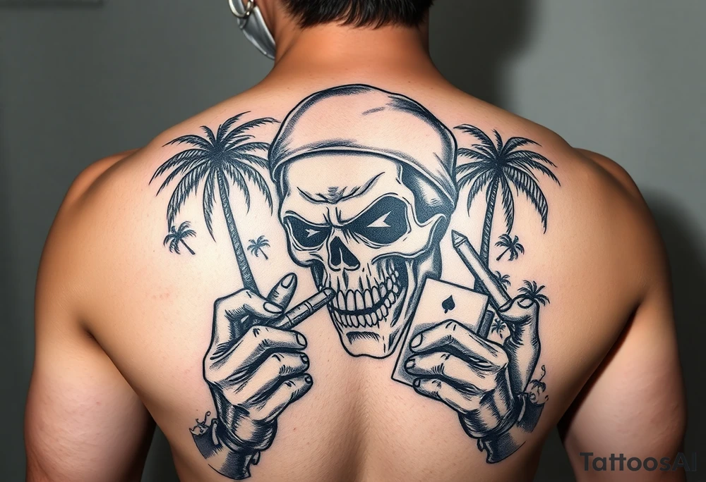Gangster scene clown skull mid evil smoking cigar playing cards on the streets shaded palm trees tattoo idea