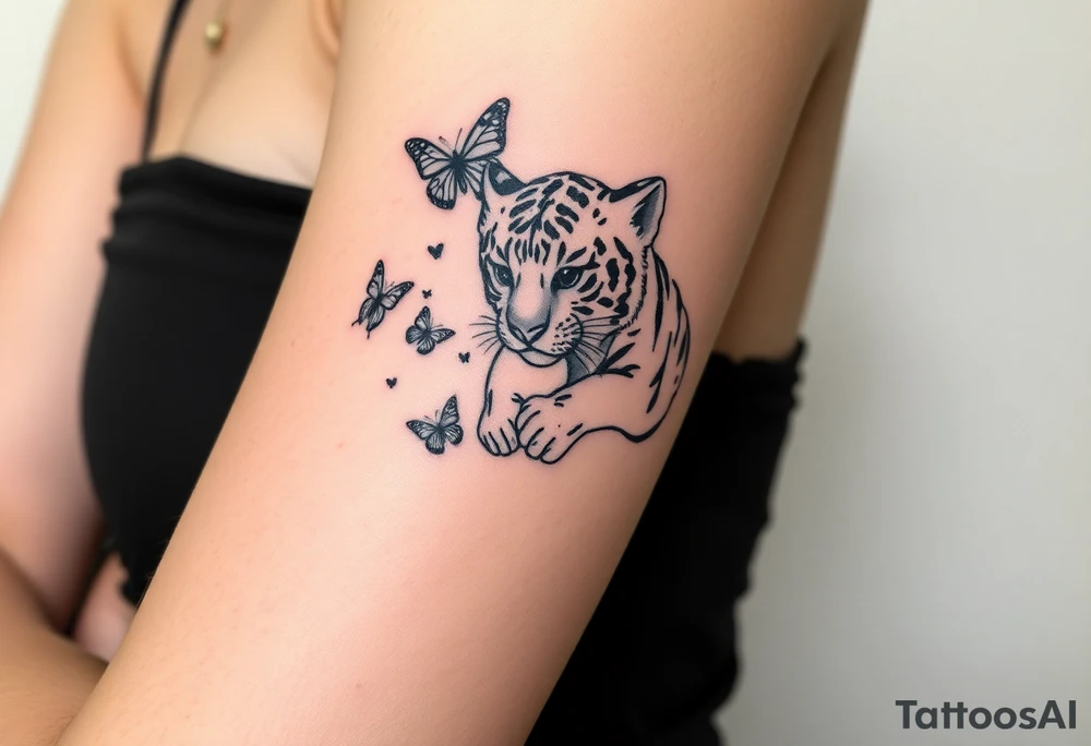 Tiger cub playing with butterflies tattoo idea