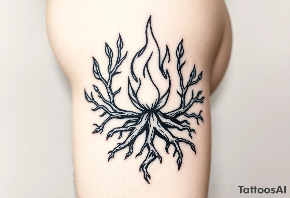 flame in a blooming roots circle tattoo idea