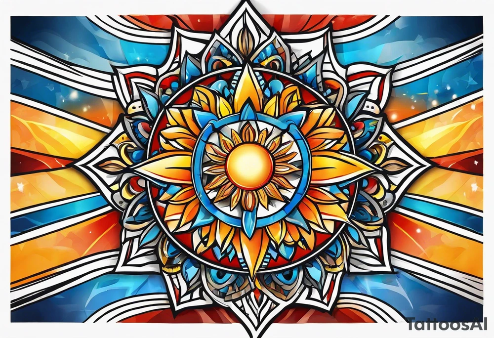 sunburst with yellow, orange, red, and blue colors tattoo idea