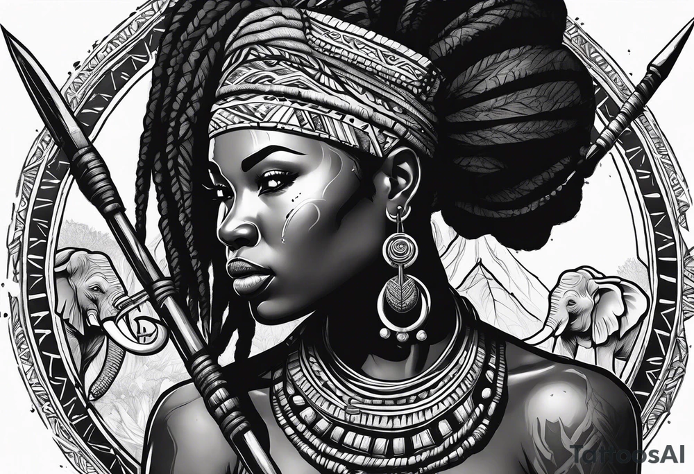 African woman warrior holding spear with deadlocks and earrings. Tribe marks on her face and tree Branch brids and Elephant in the background tattoo idea