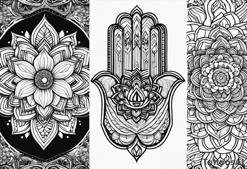 Hamsa and lotus flower sleeve tattoo idea