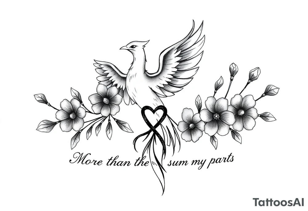 Create an elegant tattoo design featuring a phoenix rising, symbolizing strength and renewal. Integrate an infinity symbol within the phoenix’s form to represent eternal love. Incorporate a quill to signify wisdom, and include Australian native flowers, such as banksias or waratahs, with two buds symbolizing the names Oliver and Archer. Add the phrase ‘More than the sum of my parts’ in delicate script, following the curve of the design tattoo idea