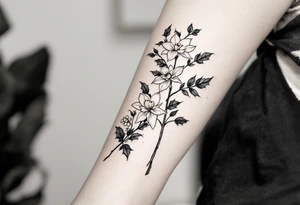 starting from a band mid-forearm, a sleeve of holly flowers and daffodils tattoo idea