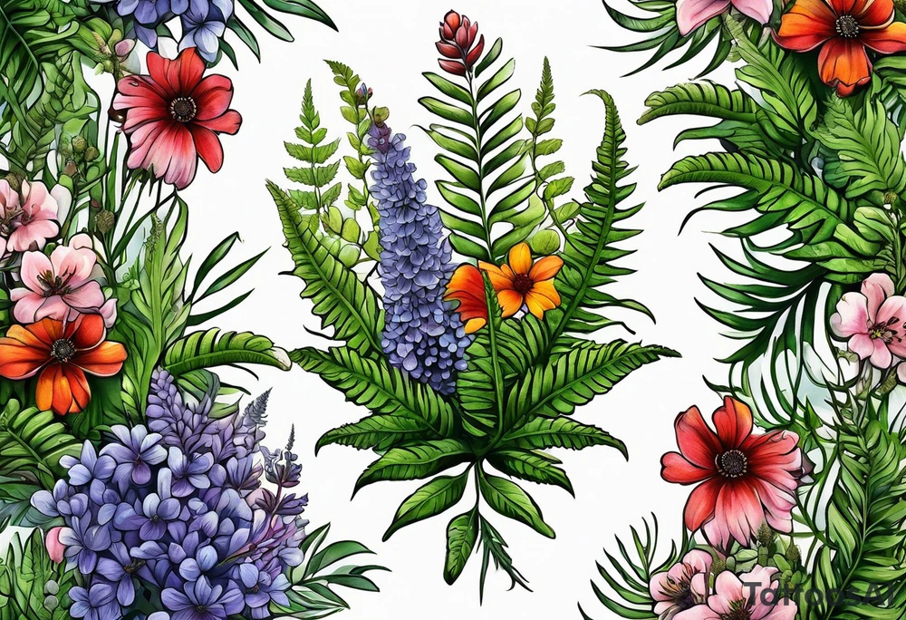mixed wildflower with ferns and with color tattoo idea