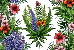 mixed wildflower with ferns and with color tattoo idea